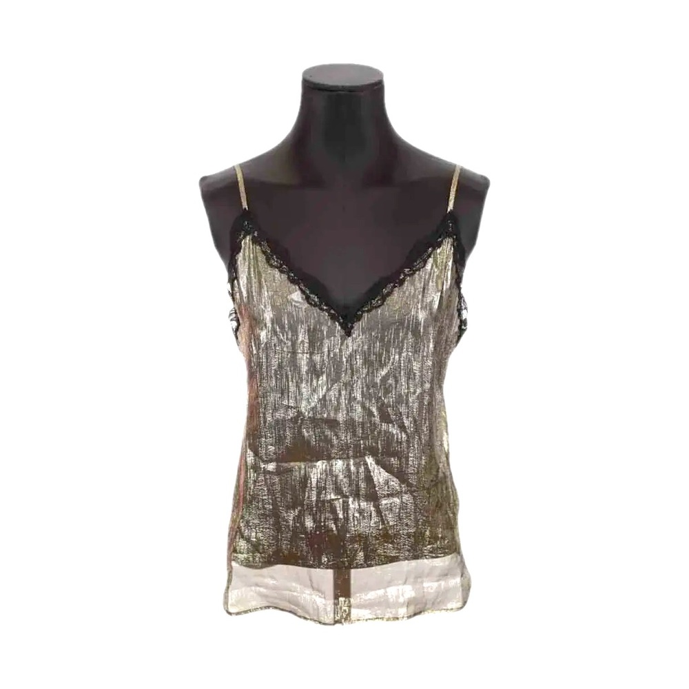 New! Sandro Women’s Lace-Trimmed Metallic Gold Silk Camisole Tank Top Small - Picture 4 of 14